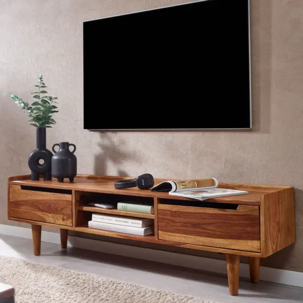 FineBuy Lowboard Sheesham Massivholz 145x43x35 cm TV-Kommode mit zwei Türen, Design TV-Schrank Hoch, Fernsehtisch Fernsehschrank Modern, Fernsehkommode Wohnzimmer