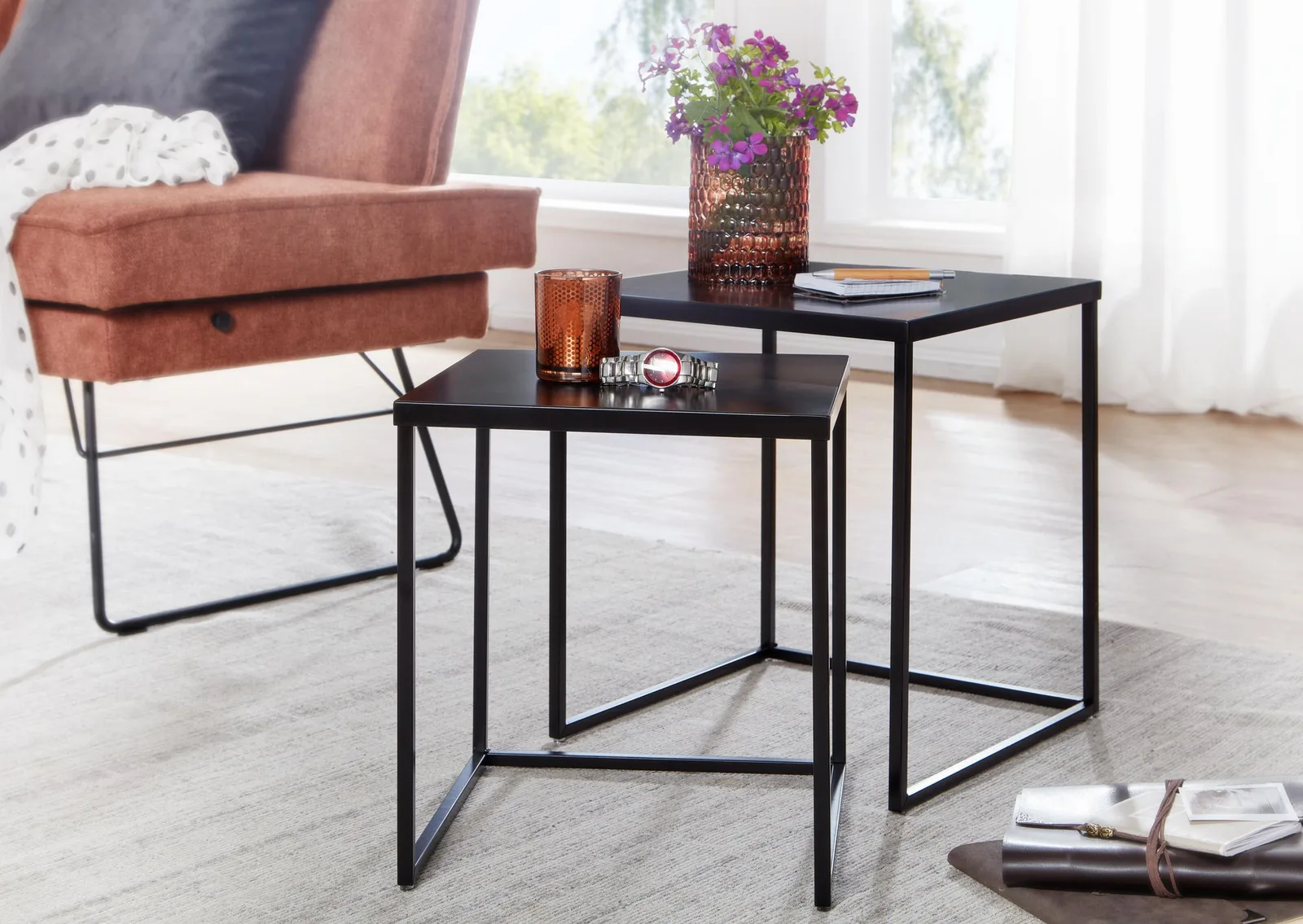 FineBuy Wohnzimmertisch 2er Set Metall Beistelltisch Eckig Schwarz, Design Beistelltisch Industrial, Sofatisch Couchtisch Quadratisch, Tischset 2-teilig Satztisch Stahl
