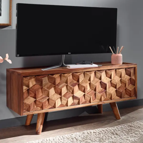FineBuy Lowboard Sheesham Massivholz 90 cm - Kommode mit Klapptür - TV Schrank Sideboard - Fernsehschrank - Fernsehtisch - Fernsehkommode Wohnzimmerschrank
