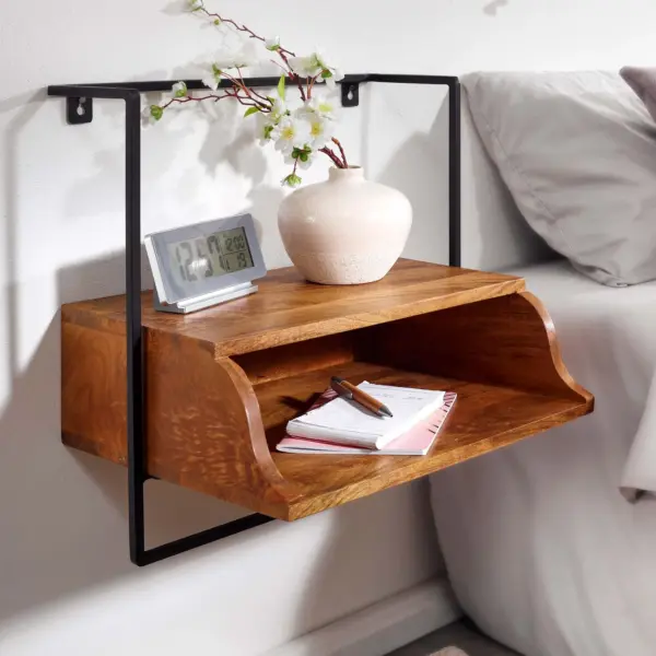 FineBuy Nachtkonsole zur Wandmontage aus Mango Massivholz mit Ablage – schwebender Nachttisch, modernes Wandboard mit Stauraum fürs Schlafzimmer – Nachtkästchen 44x45x35 cm