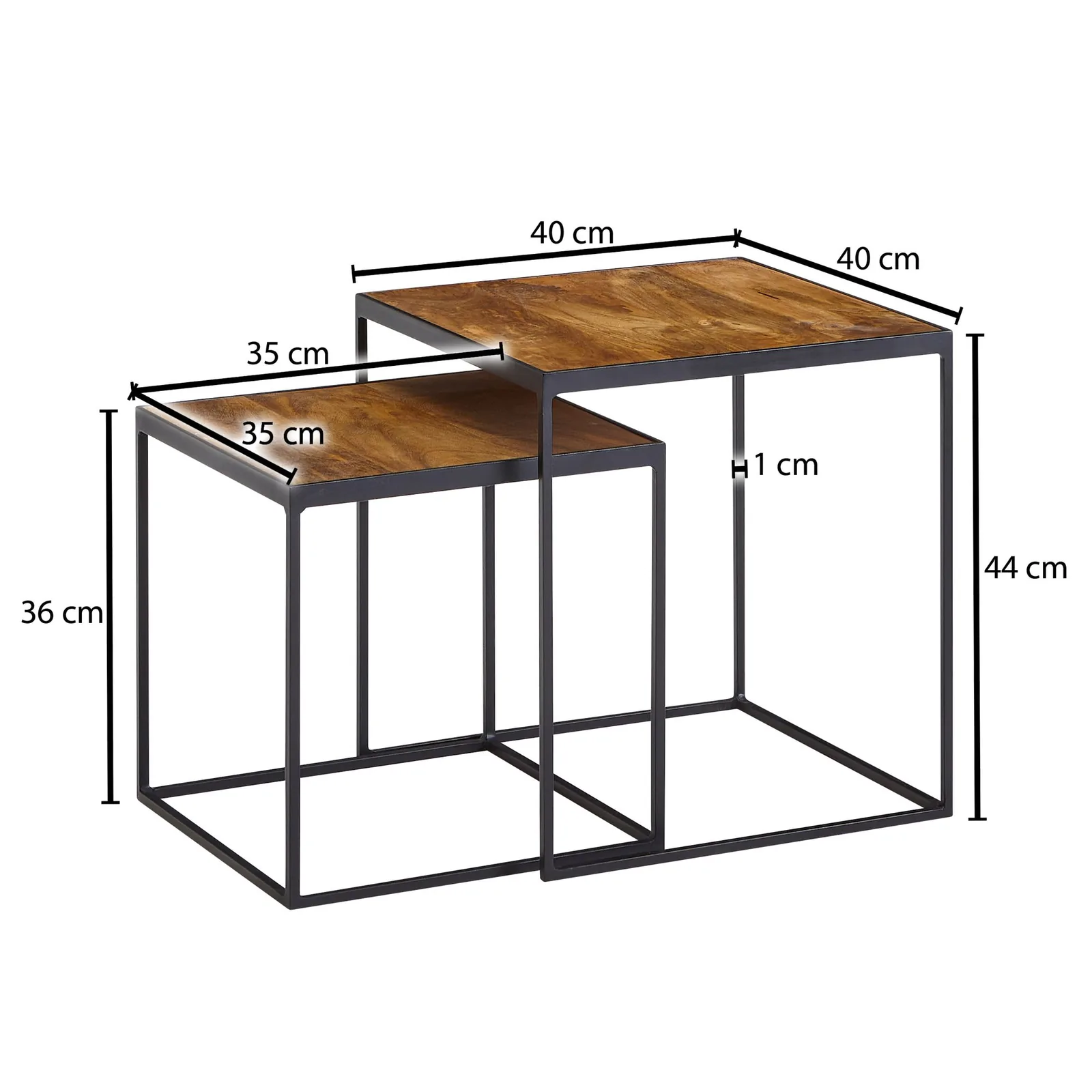 FineBuy Wohnzimmertisch 2er Set Mango Massivholz / Metall Beistelltisch Eckig, Design Beistelltisch Industrial, Sofatisch Couchtisch Quadratisch, Tischset 2-teilig Satztisch