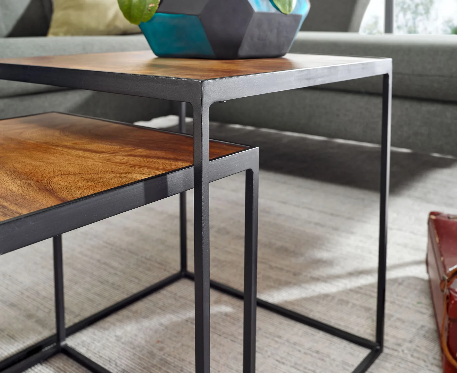 FineBuy Wohnzimmertisch 2er Set Mango Massivholz / Metall Beistelltisch Eckig, Design Beistelltisch Industrial, Sofatisch Couchtisch Quadratisch, Tischset 2-teilig Satztisch