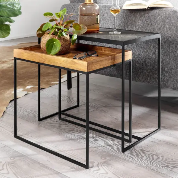 FineBuy Wohnzimmertisch 2er Set Mango Massivholz / Stein-Optik Beistelltisch Eckig, Design Beistelltisch Industrial, Sofatisch Couchtisch Rechteckig, Tischset 2-teilig Satztisch