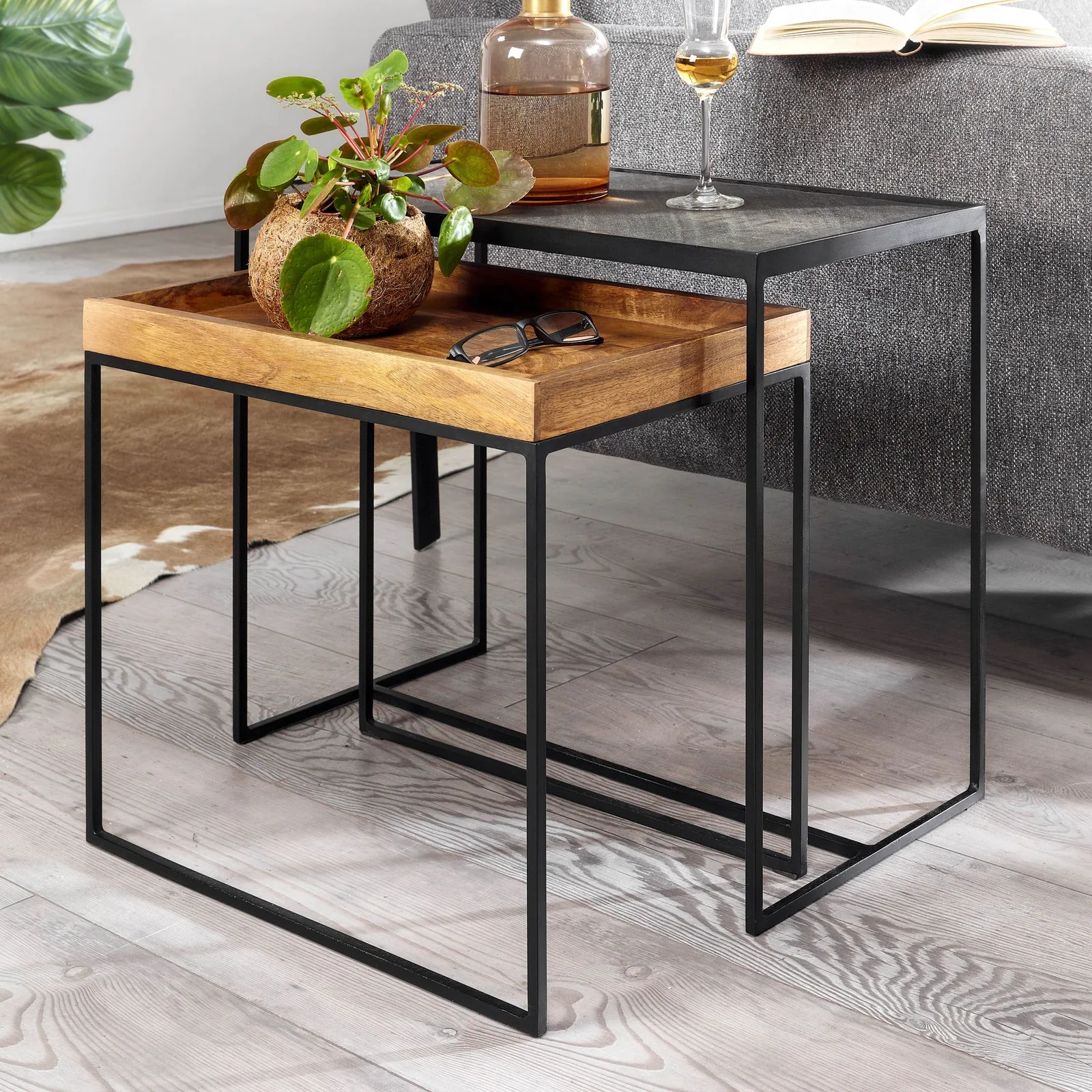 FineBuy Wohnzimmertisch 2er Set Mango Massivholz / Stein-Optik Beistelltisch Eckig, Design Beistelltisch Industrial, Sofatisch Couchtisch Rechteckig, Tischset 2-teilig Satztisch