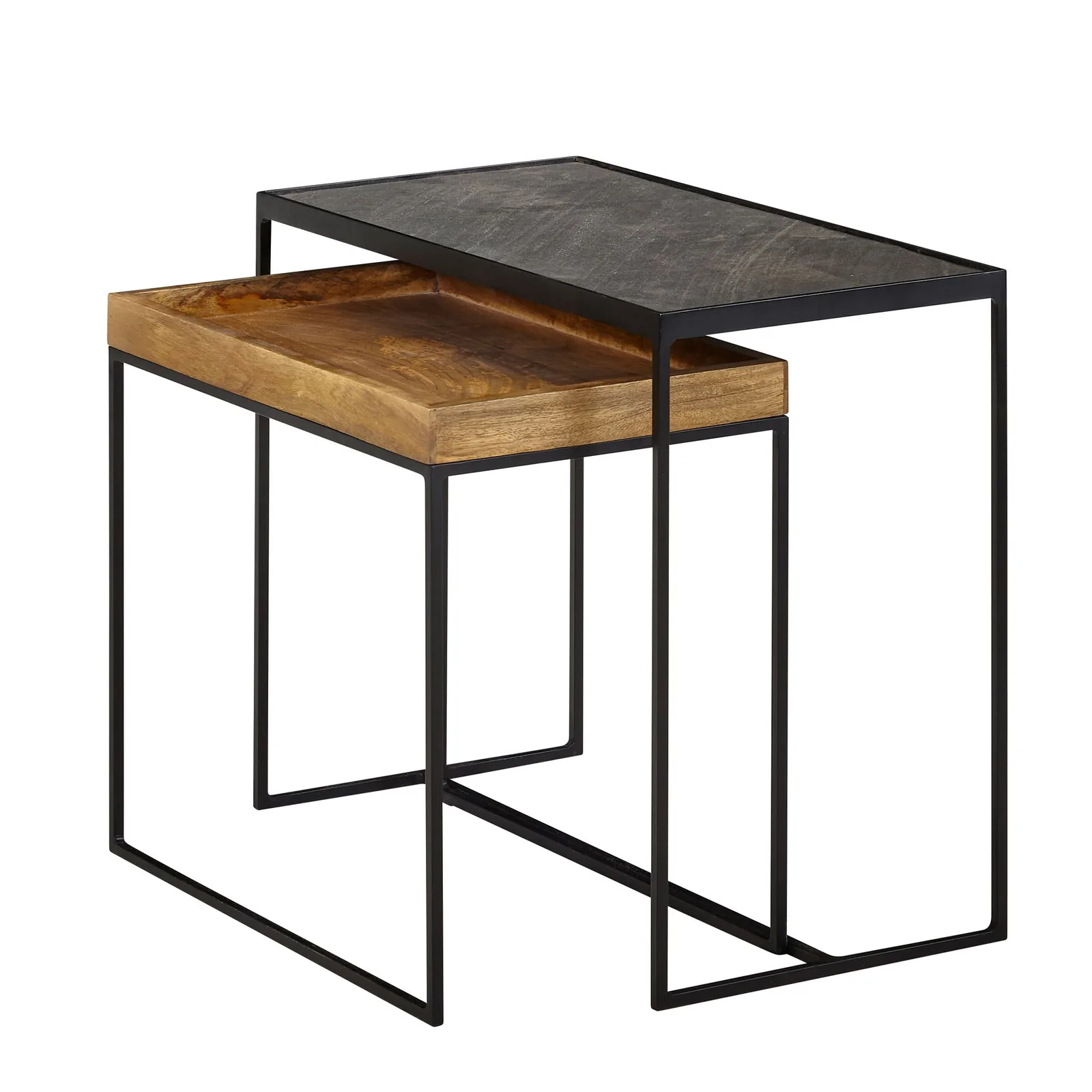 FineBuy Wohnzimmertisch 2er Set Mango Massivholz / Stein-Optik Beistelltisch Eckig, Design Beistelltisch Industrial, Sofatisch Couchtisch Rechteckig, Tischset 2-teilig Satztisch