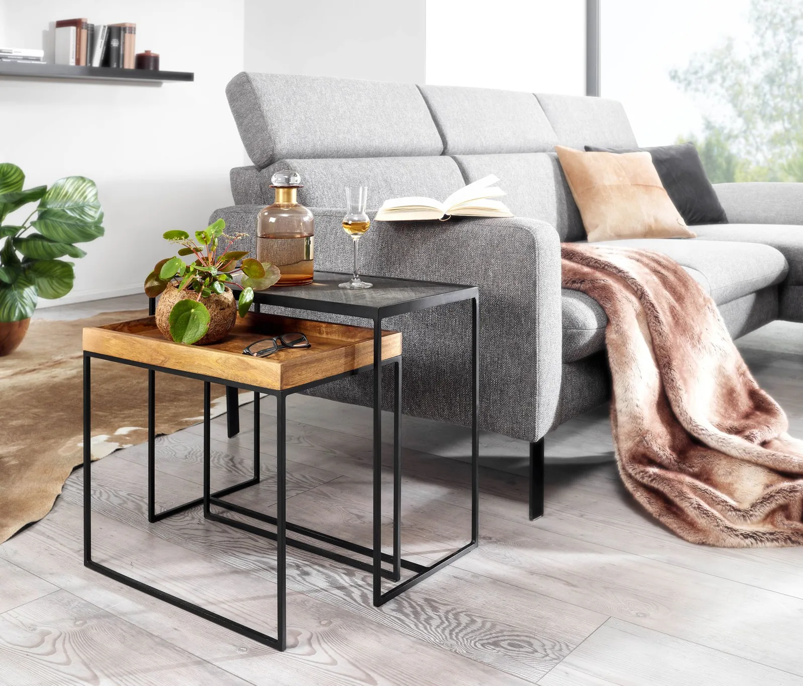 FineBuy Wohnzimmertisch 2er Set Mango Massivholz / Stein-Optik Beistelltisch Eckig, Design Beistelltisch Industrial, Sofatisch Couchtisch Rechteckig, Tischset 2-teilig Satztisch