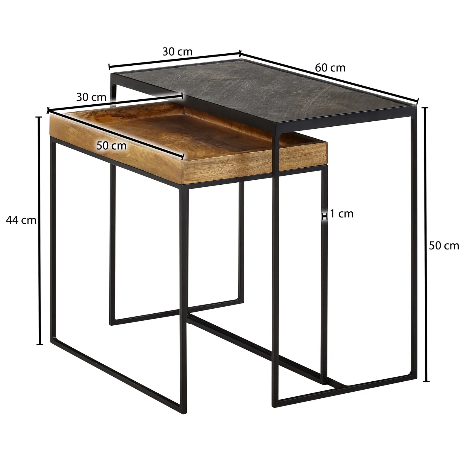 FineBuy Wohnzimmertisch 2er Set Mango Massivholz / Stein-Optik Beistelltisch Eckig, Design Beistelltisch Industrial, Sofatisch Couchtisch Rechteckig, Tischset 2-teilig Satztisch