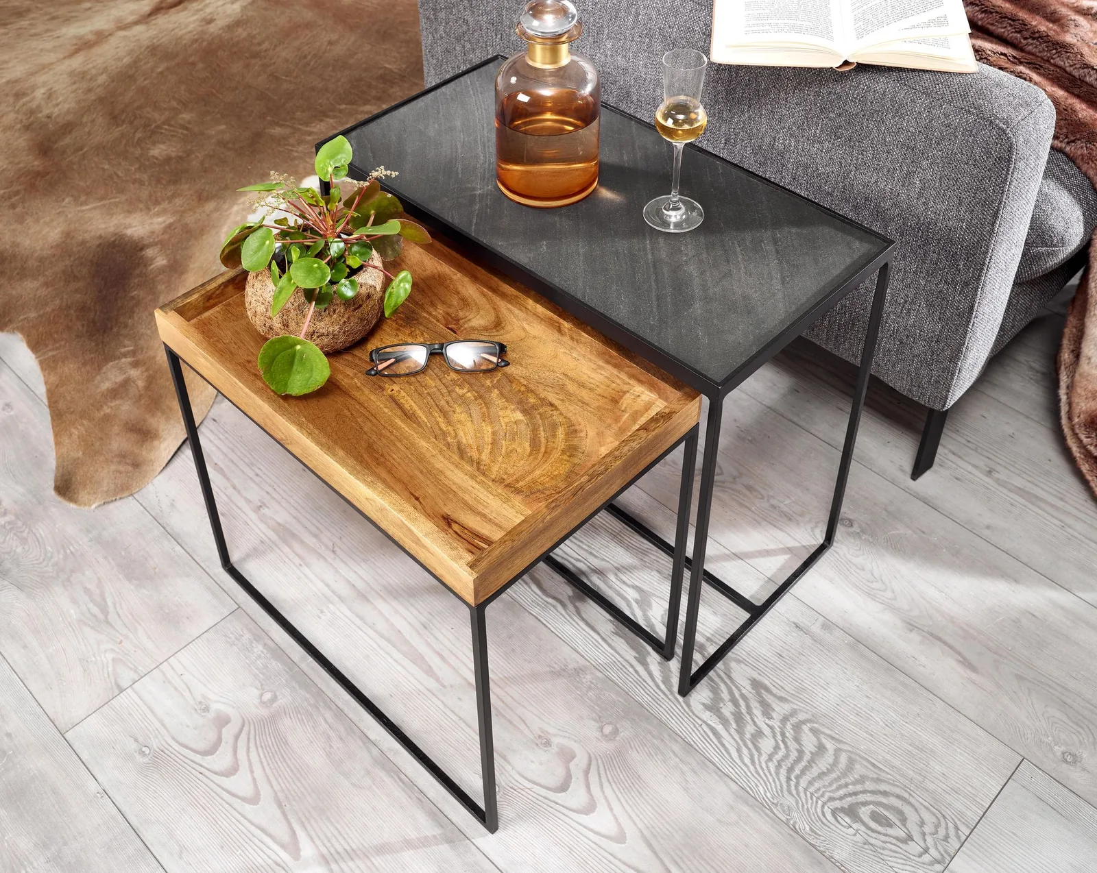 FineBuy Wohnzimmertisch 2er Set Mango Massivholz / Stein-Optik Beistelltisch Eckig, Design Beistelltisch Industrial, Sofatisch Couchtisch Rechteckig, Tischset 2-teilig Satztisch