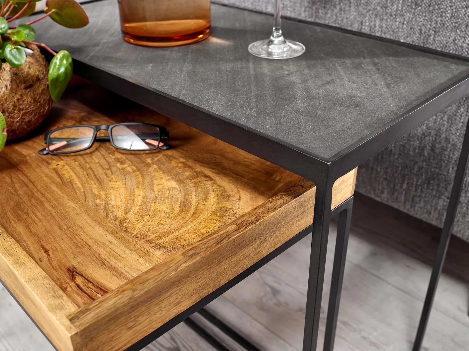 FineBuy Wohnzimmertisch 2er Set Mango Massivholz / Stein-Optik Beistelltisch Eckig, Design Beistelltisch Industrial, Sofatisch Couchtisch Rechteckig, Tischset 2-teilig Satztisch