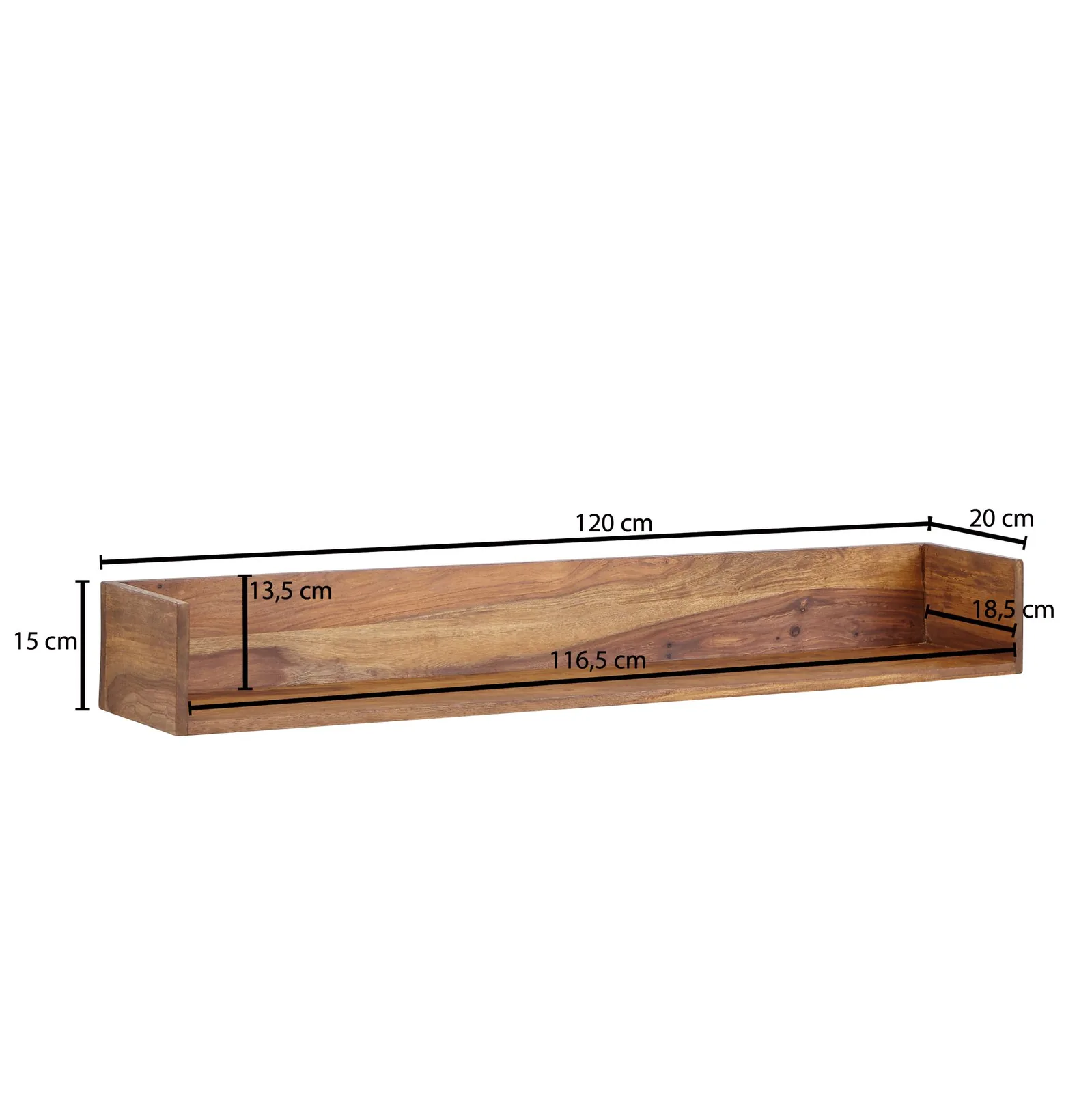 FineBuy Wandregal 120x15x20 cm Sheesham Massivholz Hängeregal Modern Schwebend, Großes Design Schweberegal, Regal Hängend Wohnzimmer, Bücherregal Wand