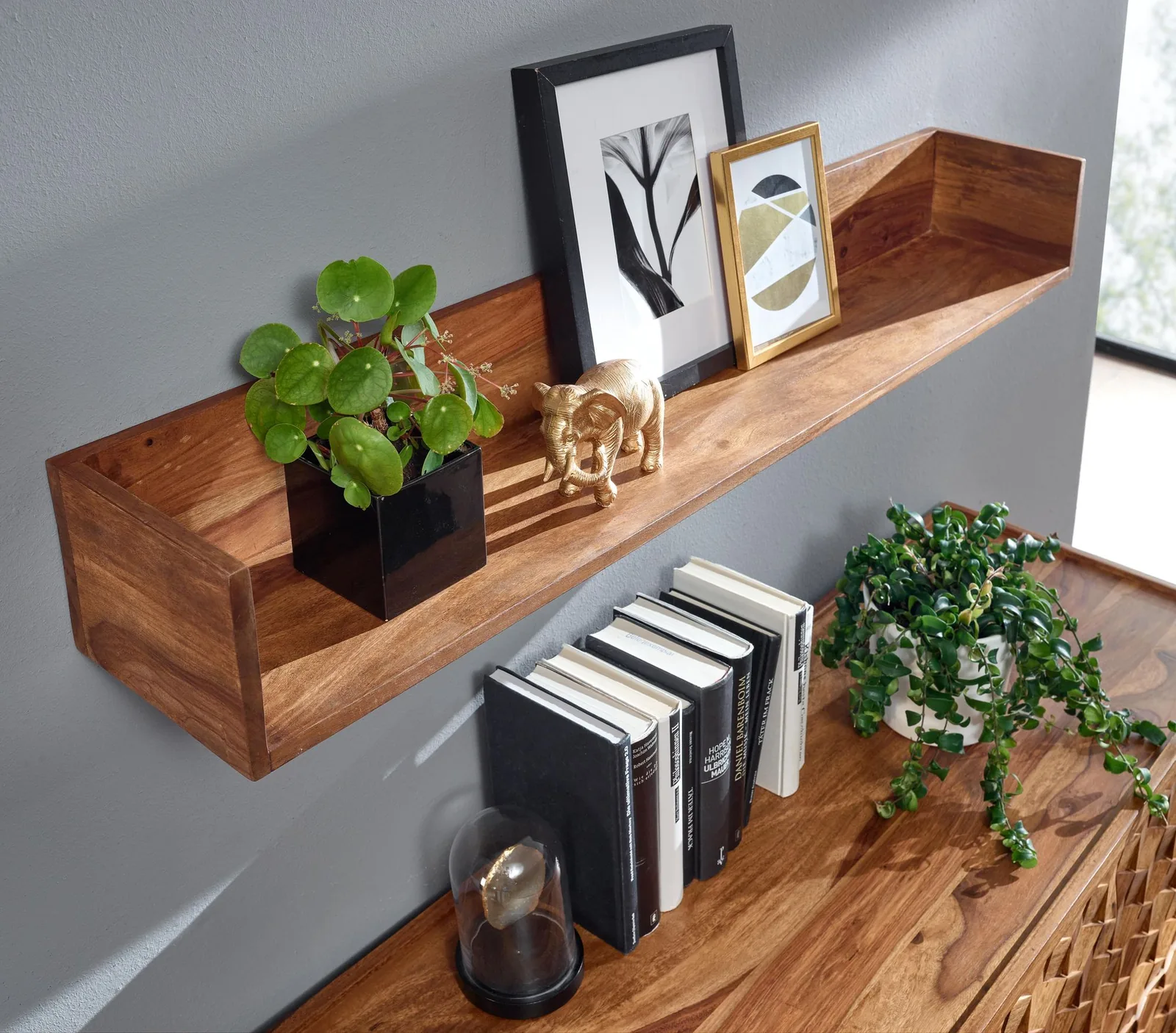 FineBuy Wandregal 120x15x20 cm Sheesham Massivholz Hängeregal Modern Schwebend, Großes Design Schweberegal, Regal Hängend Wohnzimmer, Bücherregal Wand