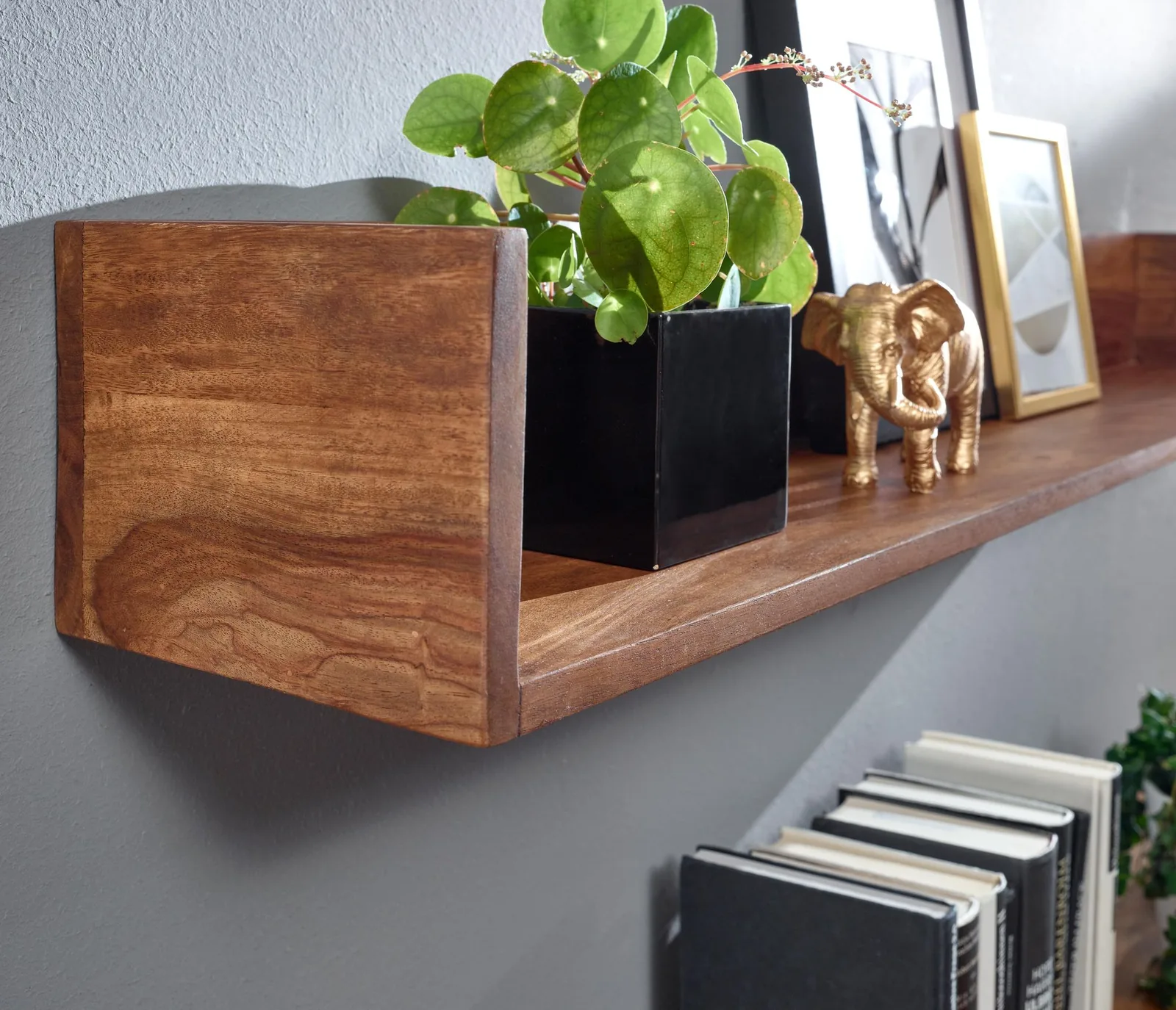 FineBuy Wandregal 120x15x20 cm Sheesham Massivholz Hängeregal Modern Schwebend, Großes Design Schweberegal, Regal Hängend Wohnzimmer, Bücherregal Wand