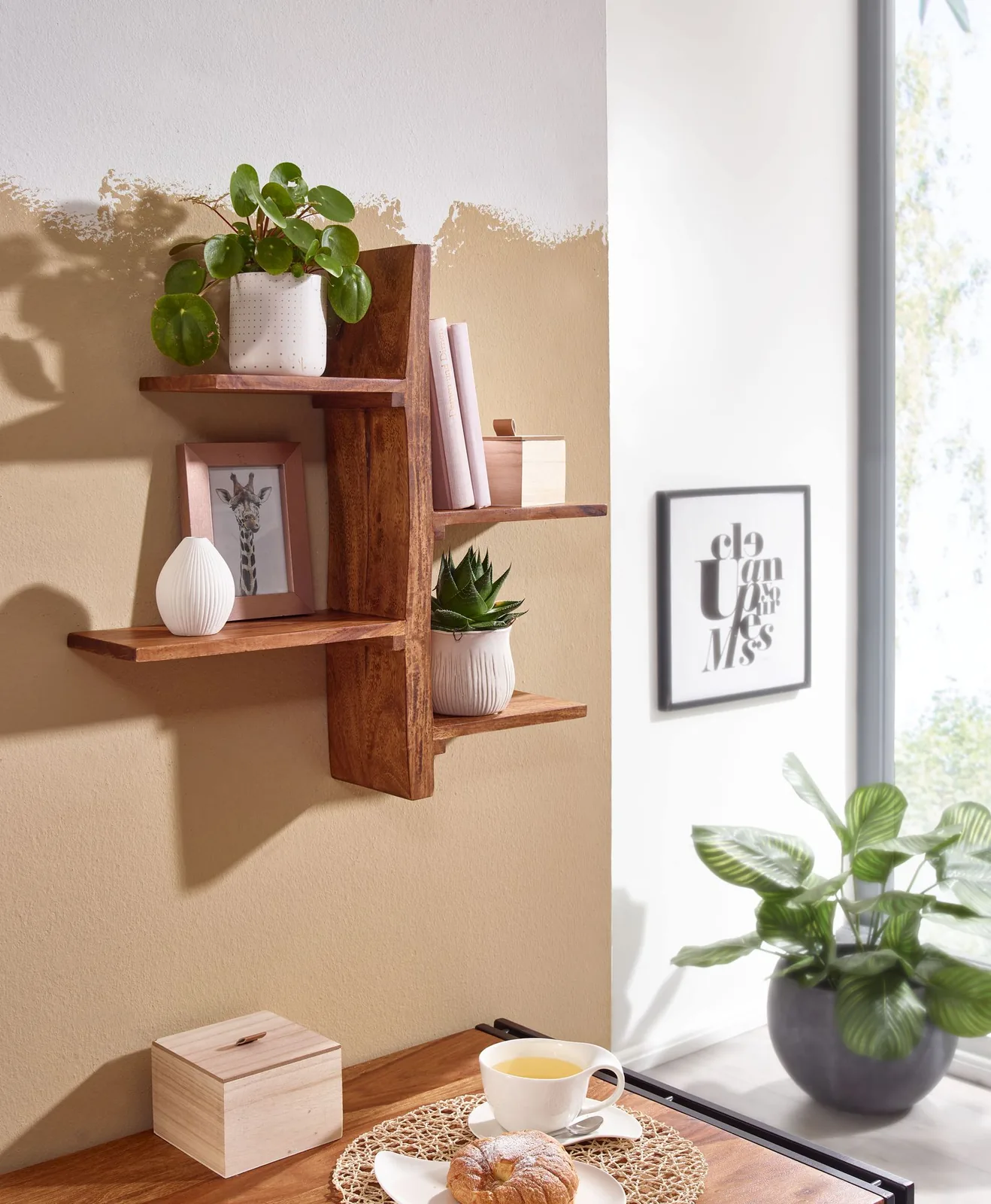 FineBuy Wandregal 58x60x15 cm Sheesham Massivholz Baum-Form Hängeregal Modern, Großes Design Schweberegal, Regal Hängend Wohnzimmer, Bücherregal Wand Schwebend