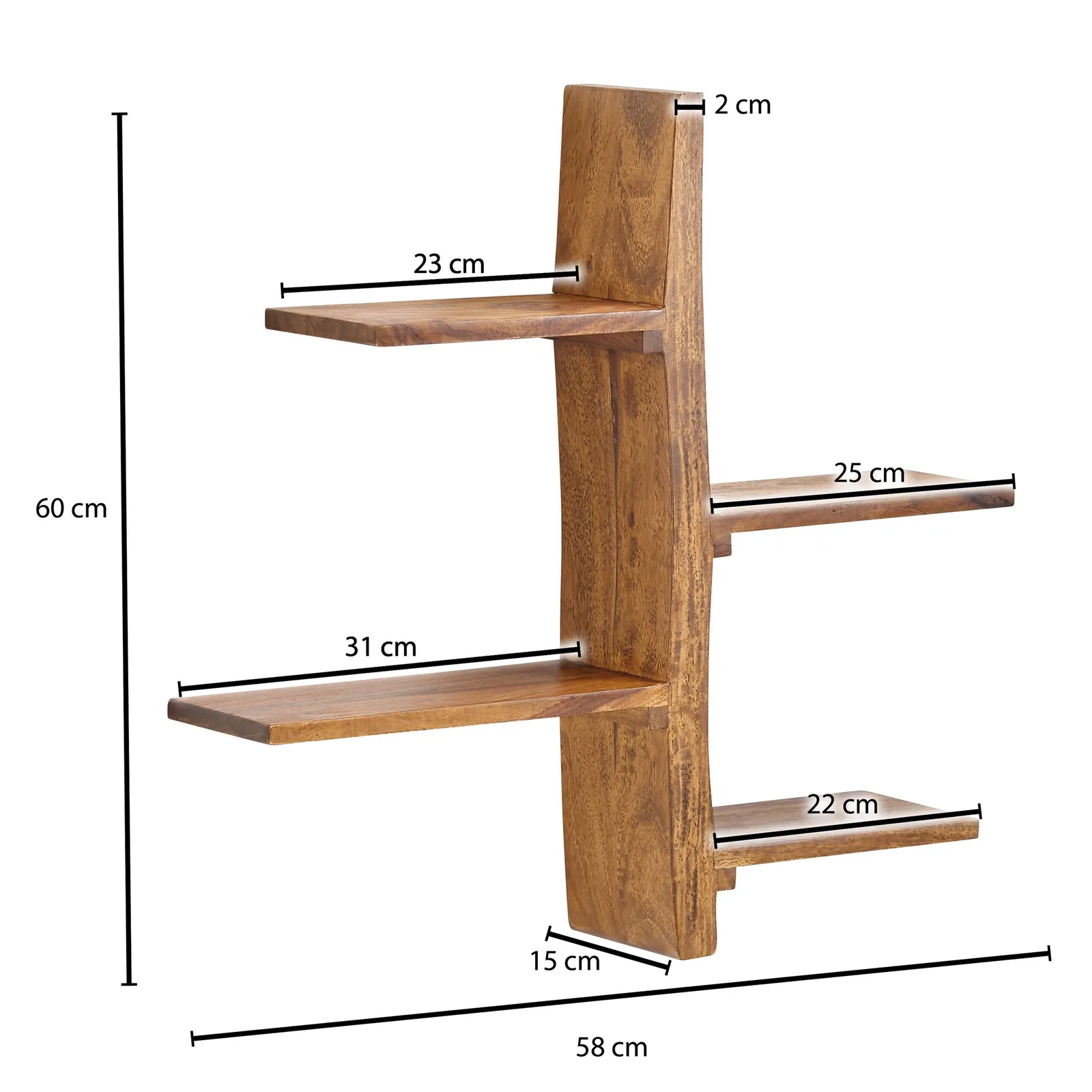 FineBuy Wandregal 58x60x15 cm Sheesham Massivholz Baum-Form Hängeregal Modern, Großes Design Schweberegal, Regal Hängend Wohnzimmer, Bücherregal Wand Schwebend