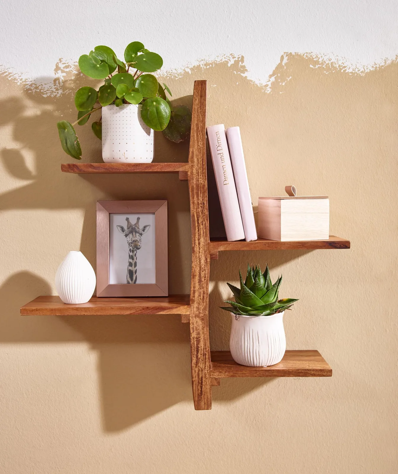 FineBuy Wandregal 58x60x15 cm Sheesham Massivholz Baum-Form Hängeregal Modern, Großes Design Schweberegal, Regal Hängend Wohnzimmer, Bücherregal Wand Schwebend