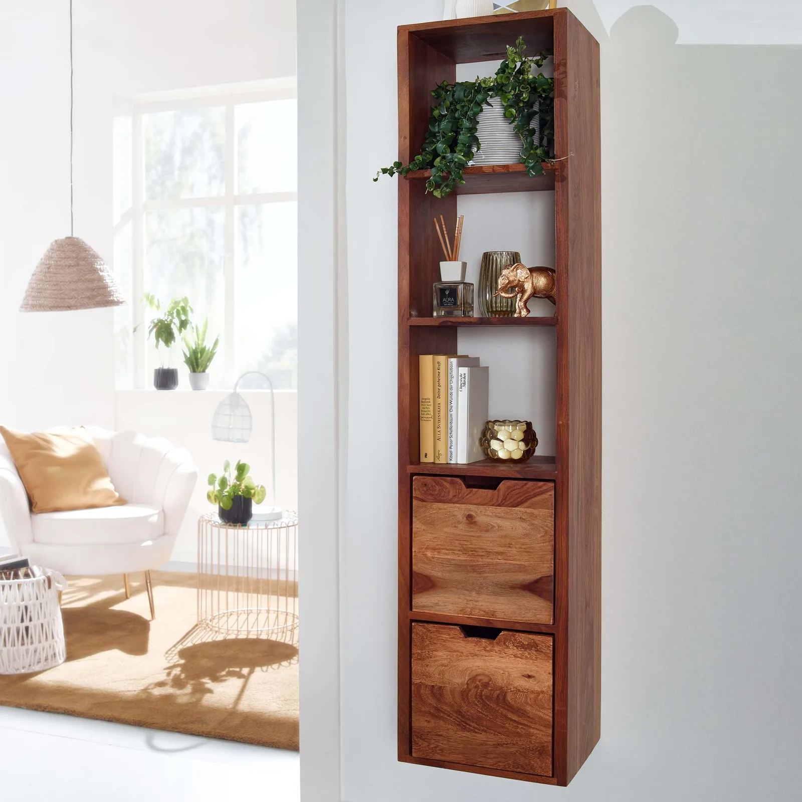 FineBuy Wandregal mit Schubladen 35x150x30 cm Sheesham Massivholz Hängeregal, Großes Design Schweberegal Modern, Regal Hängend Wohnzimmer, Bücherregal Wand Schwebend