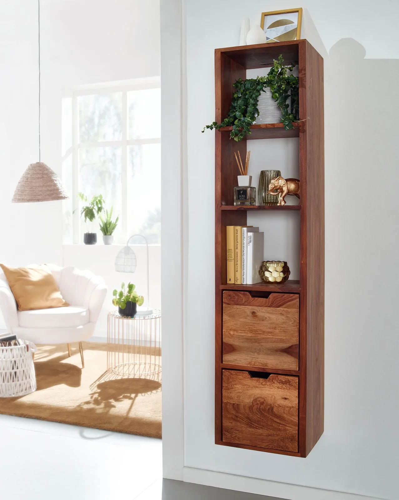 FineBuy Wandregal mit Schubladen 35x150x30 cm Sheesham Massivholz Hängeregal, Großes Design Schweberegal Modern, Regal Hängend Wohnzimmer, Bücherregal Wand Schwebend