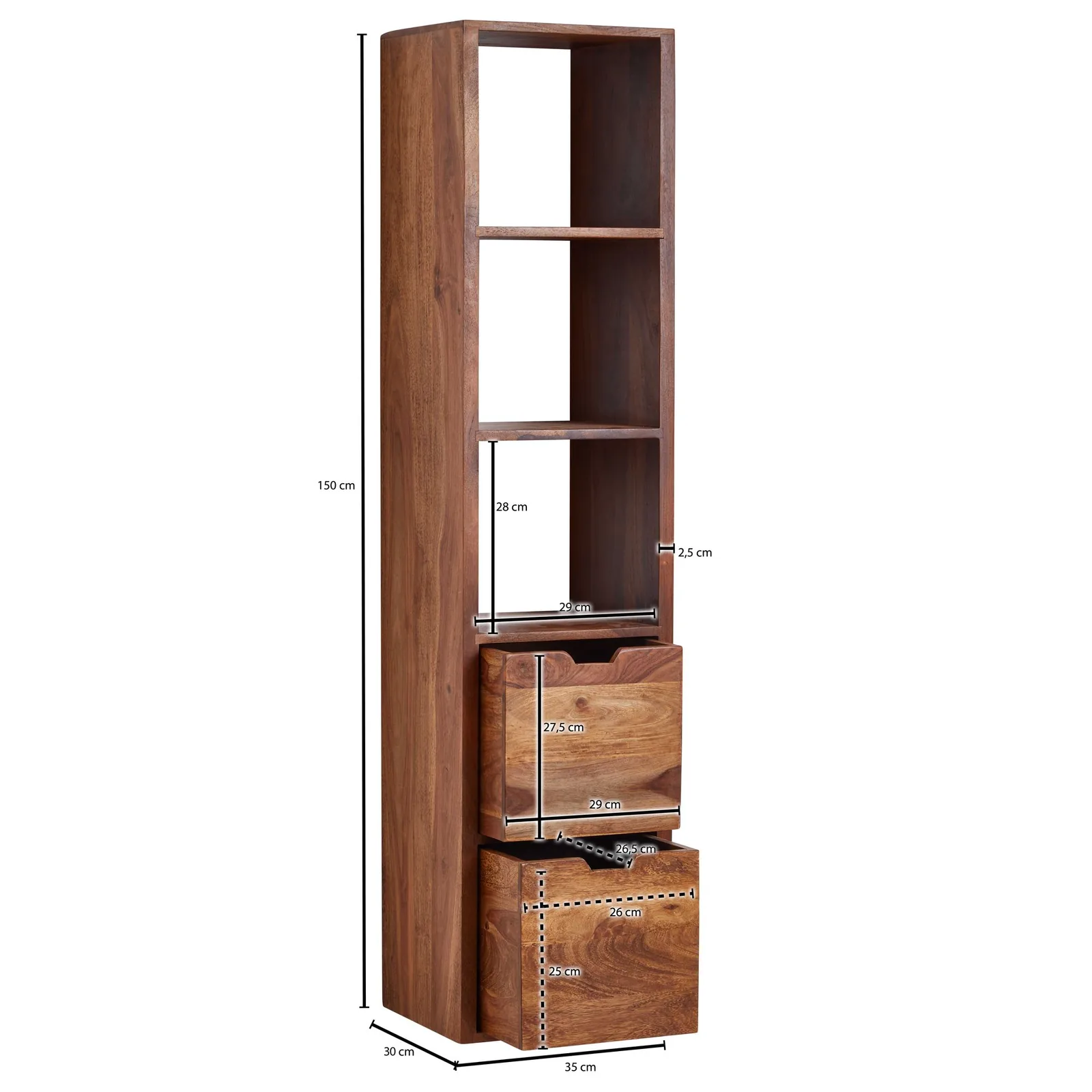 FineBuy Wandregal mit Schubladen 35x150x30 cm Sheesham Massivholz Hängeregal, Großes Design Schweberegal Modern, Regal Hängend Wohnzimmer, Bücherregal Wand Schwebend