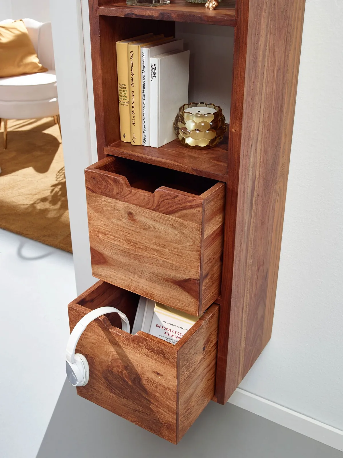 FineBuy Wandregal mit Schubladen 35x150x30 cm Sheesham Massivholz Hängeregal, Großes Design Schweberegal Modern, Regal Hängend Wohnzimmer, Bücherregal Wand Schwebend