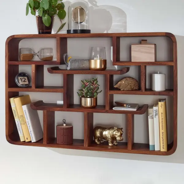 FineBuy Wandregal 80x55x15 cm Sheesham Massivholz Hängeregal Modern Schwebend, Großes Design Schweberegal, Regal Hängend Wohnzimmer, Bücherregal Wand
