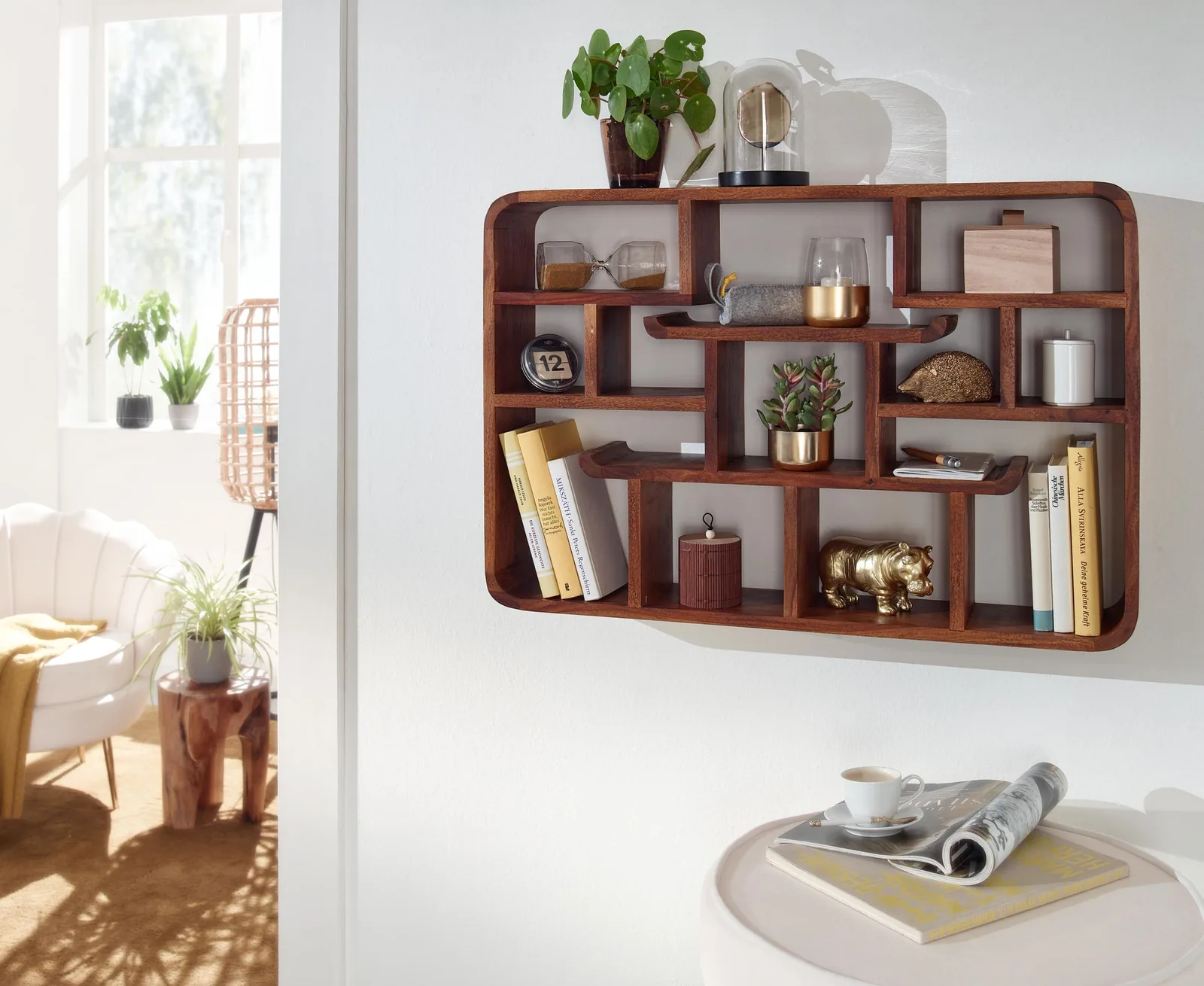 FineBuy Wandregal 80x55x15 cm Sheesham Massivholz Hängeregal Modern Schwebend, Großes Design Schweberegal, Regal Hängend Wohnzimmer, Bücherregal Wand