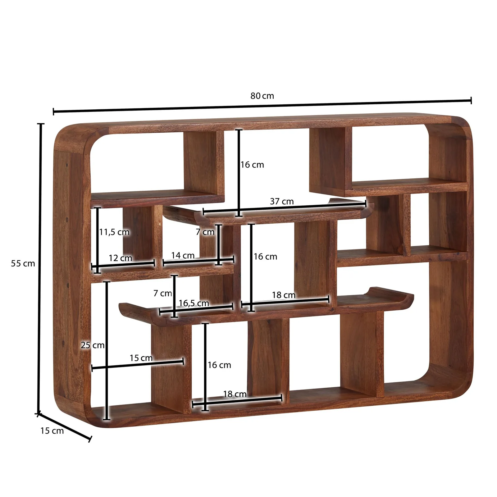FineBuy Wandregal 80x55x15 cm Sheesham Massivholz Hängeregal Modern Schwebend, Großes Design Schweberegal, Regal Hängend Wohnzimmer, Bücherregal Wand