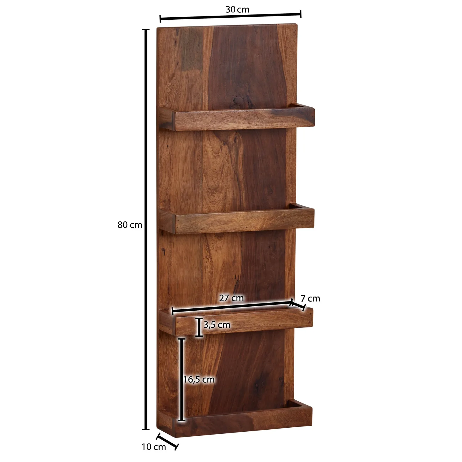 FineBuy Wandregal 30x80x10 cm Sheesham Massivholz Hängeregal Modern Schwebend, Großes Design Schweberegal, Regal Hängend Wohnzimmer, Bücherregal Wand