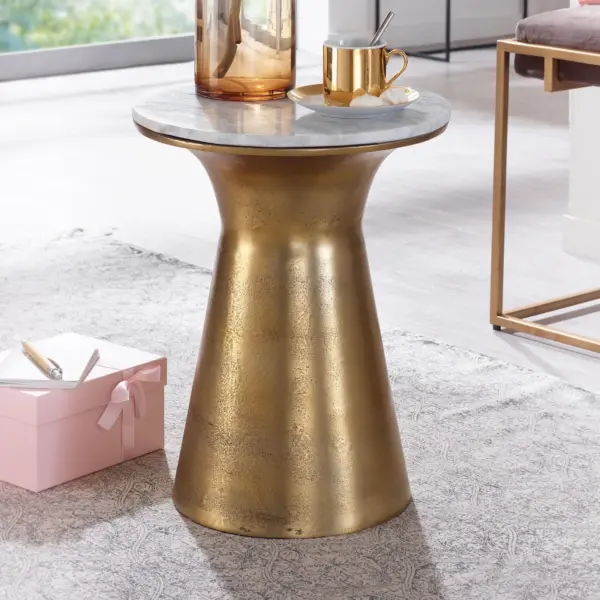 FineBuy Beistelltisch Echter Marmor Weiß 35x35x45 cm Anstelltisch Metall Gold, Kleiner Sofatisch Rund, Wohnzimmertisch Couch Modern, Couchtisch Hoch