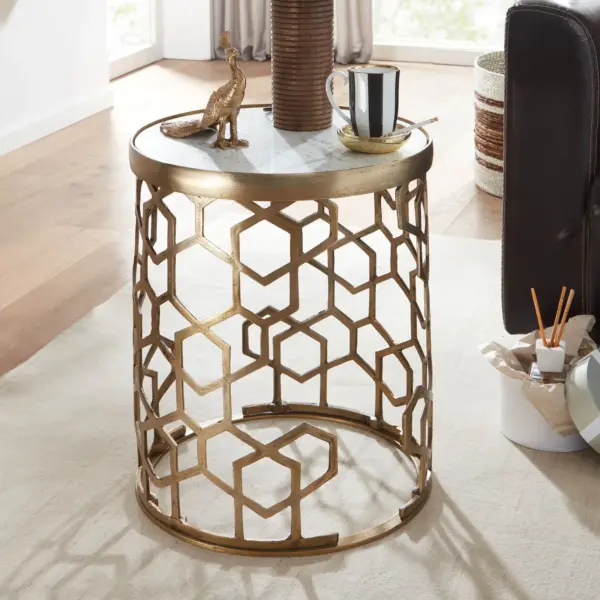 FineBuy Beistelltisch Echter Marmor Weiß 44x44x55 cm Anstelltisch Metall Gold, Kleiner Sofatisch Rund, Wohnzimmertisch Couch Modern, Couchtisch Hoch