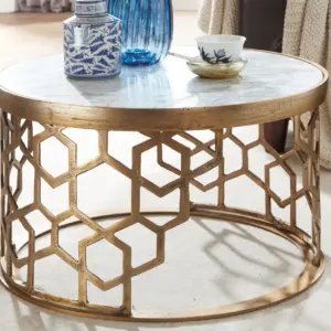 FineBuy Couchtisch Echter Marmor Weiß 60x60x36 cm Sofatisch Metall Gold, Design Wohnzimmertisch Rund, Kleiner Kaffeetisch Modern, Beistelltisch Anstelltisch Wohnzimmer