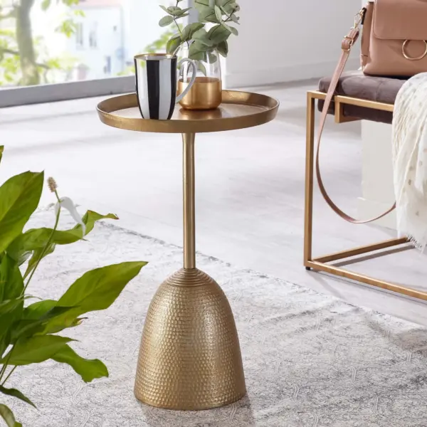 FineBuy Orientalischer Beistelltisch rund Ø 33cm Metall gold - kleiner Design Wohnzimmertisch Aluminium - Alu Couchtisch - Sofatisch - Anstelltisch