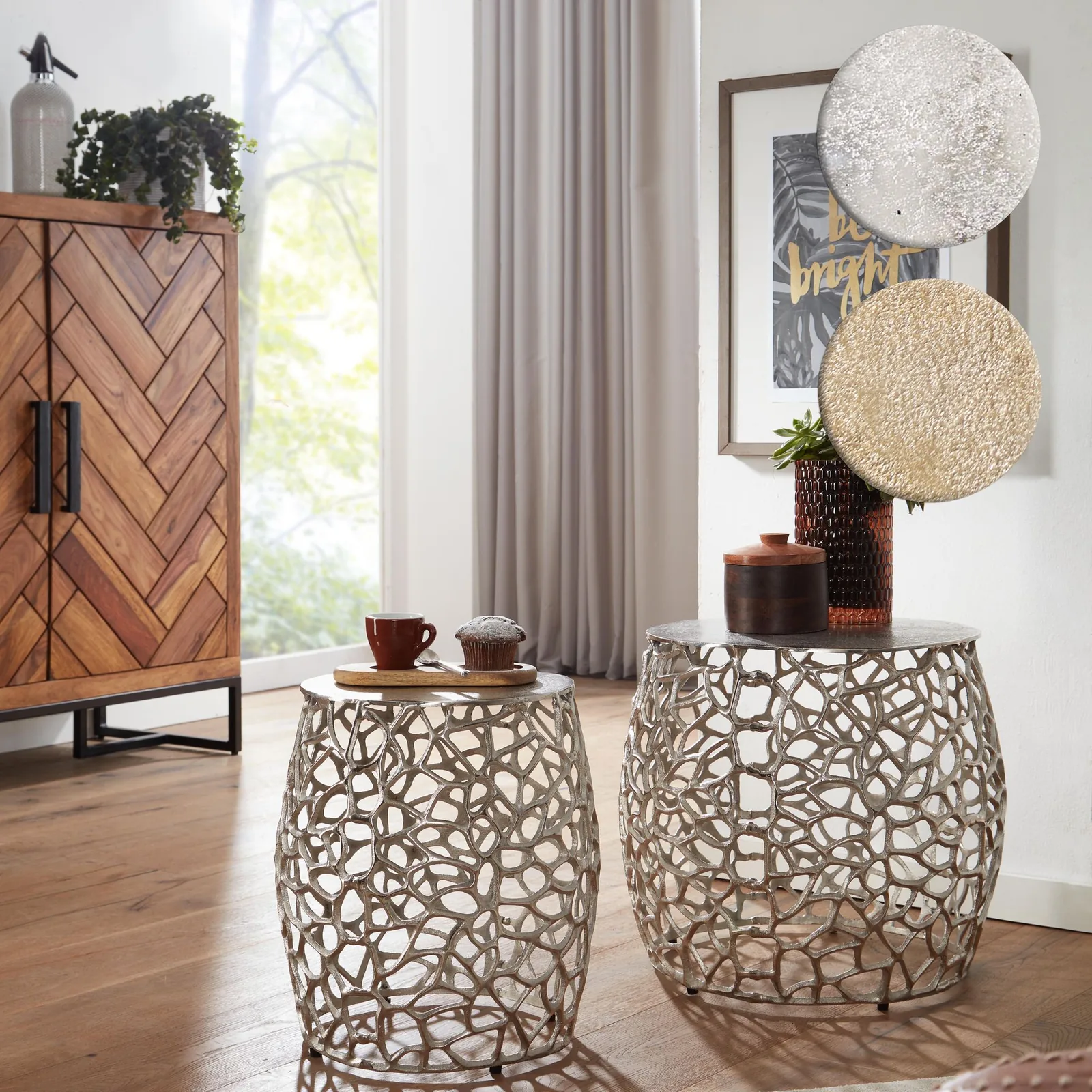 FineBuy Beistelltisch 2er Set Aluminium Design Satztisch Metall Rund, Wohnzimmertisch Couchtisch Ast-Struktur Modern, Sofatisch 2-teilig Wohnzimmer Dekotisch