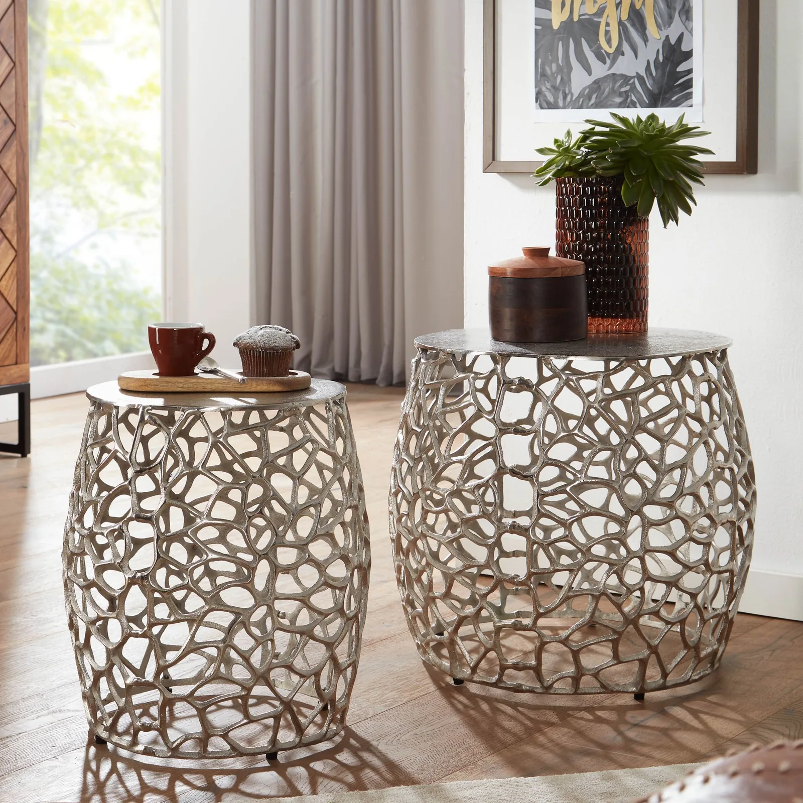 FineBuy Beistelltisch 2er Set Aluminium Design Satztisch Metall Rund, Wohnzimmertisch Couchtisch Ast-Struktur Modern, Sofatisch 2-teilig Wohnzimmer Dekotisch