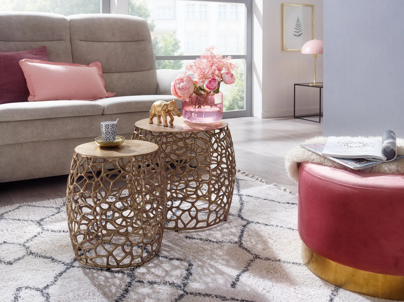FineBuy Beistelltisch 2er Set Aluminium Design Satztisch Metall Rund, Wohnzimmertisch Couchtisch Ast-Struktur Modern, Sofatisch 2-teilig Wohnzimmer Dekotisch