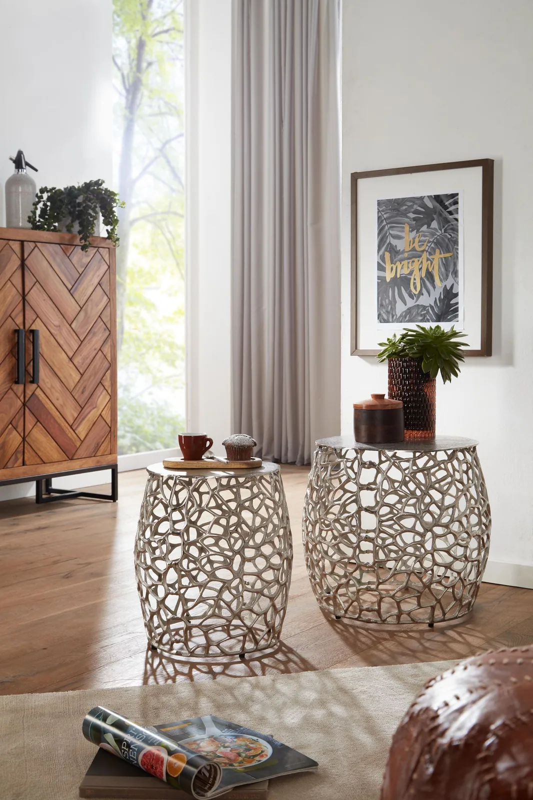 FineBuy Beistelltisch 2er Set Aluminium Design Satztisch Metall Rund, Wohnzimmertisch Couchtisch Ast-Struktur Modern, Sofatisch 2-teilig Wohnzimmer Dekotisch