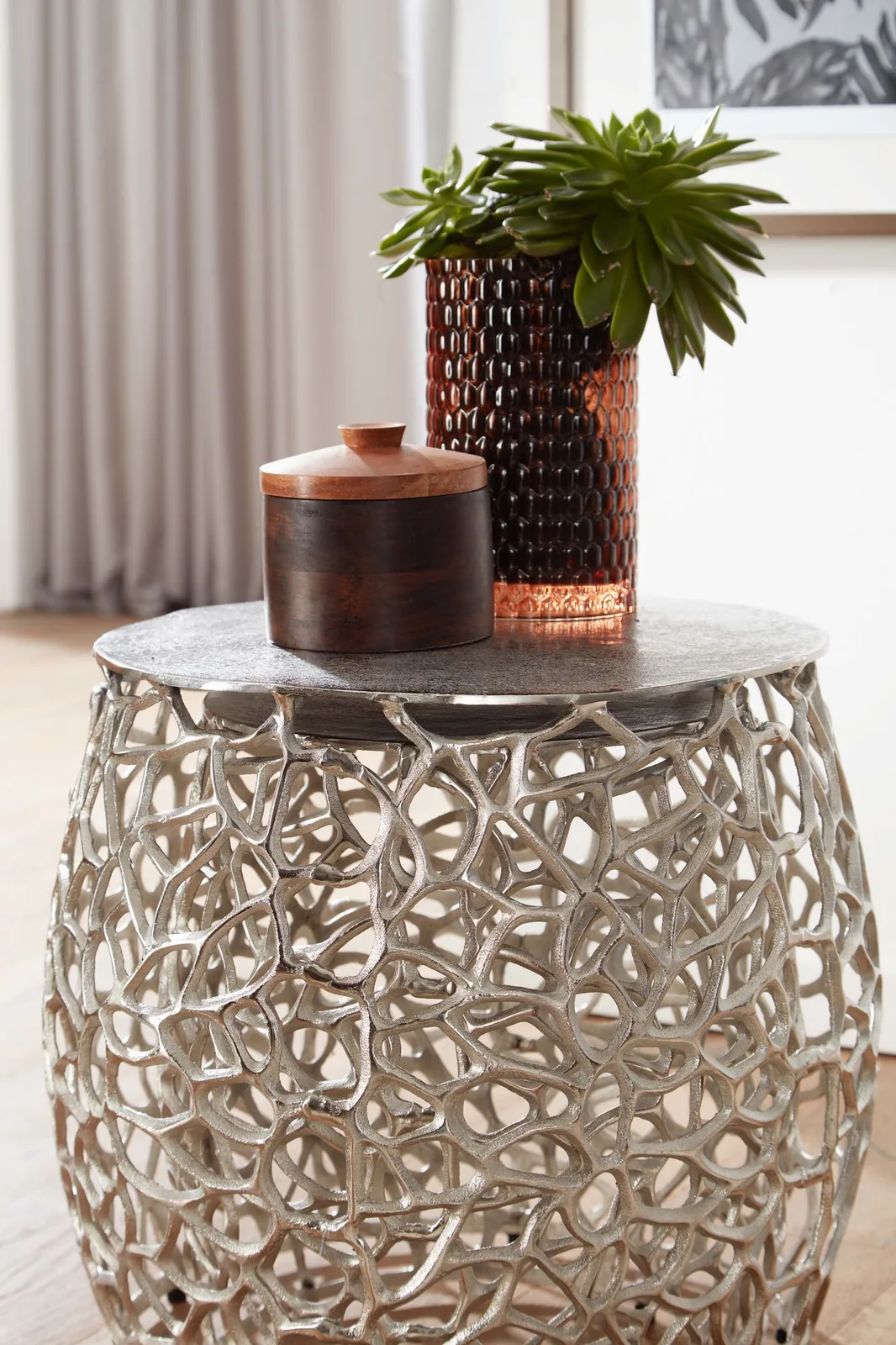 FineBuy Beistelltisch 2er Set Aluminium Design Satztisch Metall Rund, Wohnzimmertisch Couchtisch Ast-Struktur Modern, Sofatisch 2-teilig Wohnzimmer Dekotisch