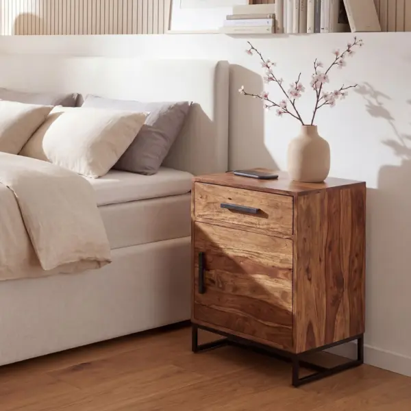 FineBuy Nachttisch Sheesham Massivholz mit Metallgestell, Schublade und Tür – Nachtkonsole im Industrial Design, handgefertigt – Nachtkästchen für Boxspringbett 45x35x65 cm