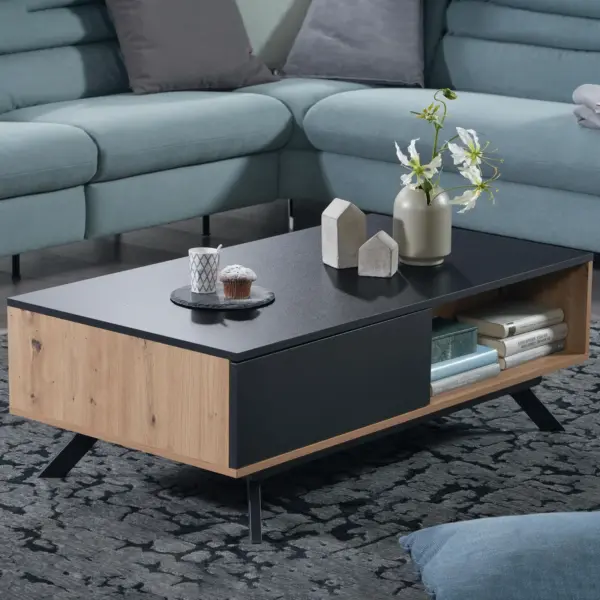FineBuy Couchtisch 110x60x38 cm MDF Eiche-Dekor / Schwarz Wohnzimmertisch, Sofatisch Rechteckig mit Stauraum, Kaffeetisch mit Schubladen, Tisch Wohnzimmer mit Metallbeine