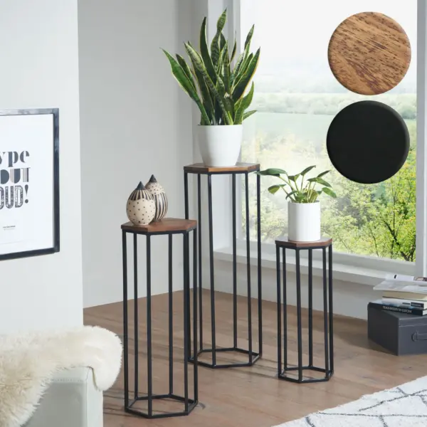 FineBuy Beistelltisch 3er Set Massivholz / Metall Satztisch Sechseckig, Säulentisch Pflanzentisch 3-teilig, Blumenständer Blumentisch Wohnzimmer, Pflanzenhocker Blumenhocker