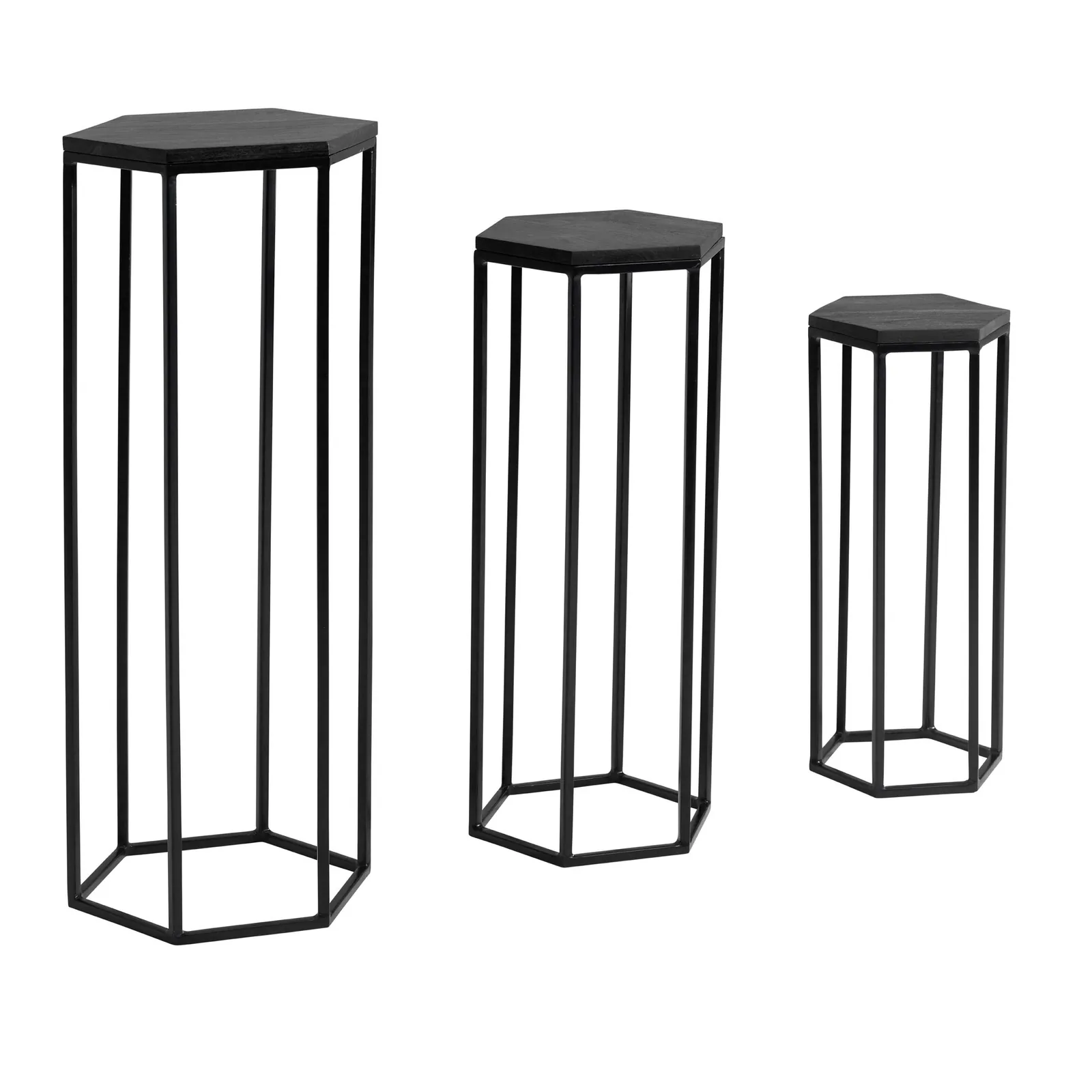 FineBuy Beistelltisch 3er Set Massivholz / Metall Satztisch Sechseckig, Säulentisch Pflanzentisch 3-teilig, Blumenständer Blumentisch Wohnzimmer, Pflanzenhocker Blumenhocker