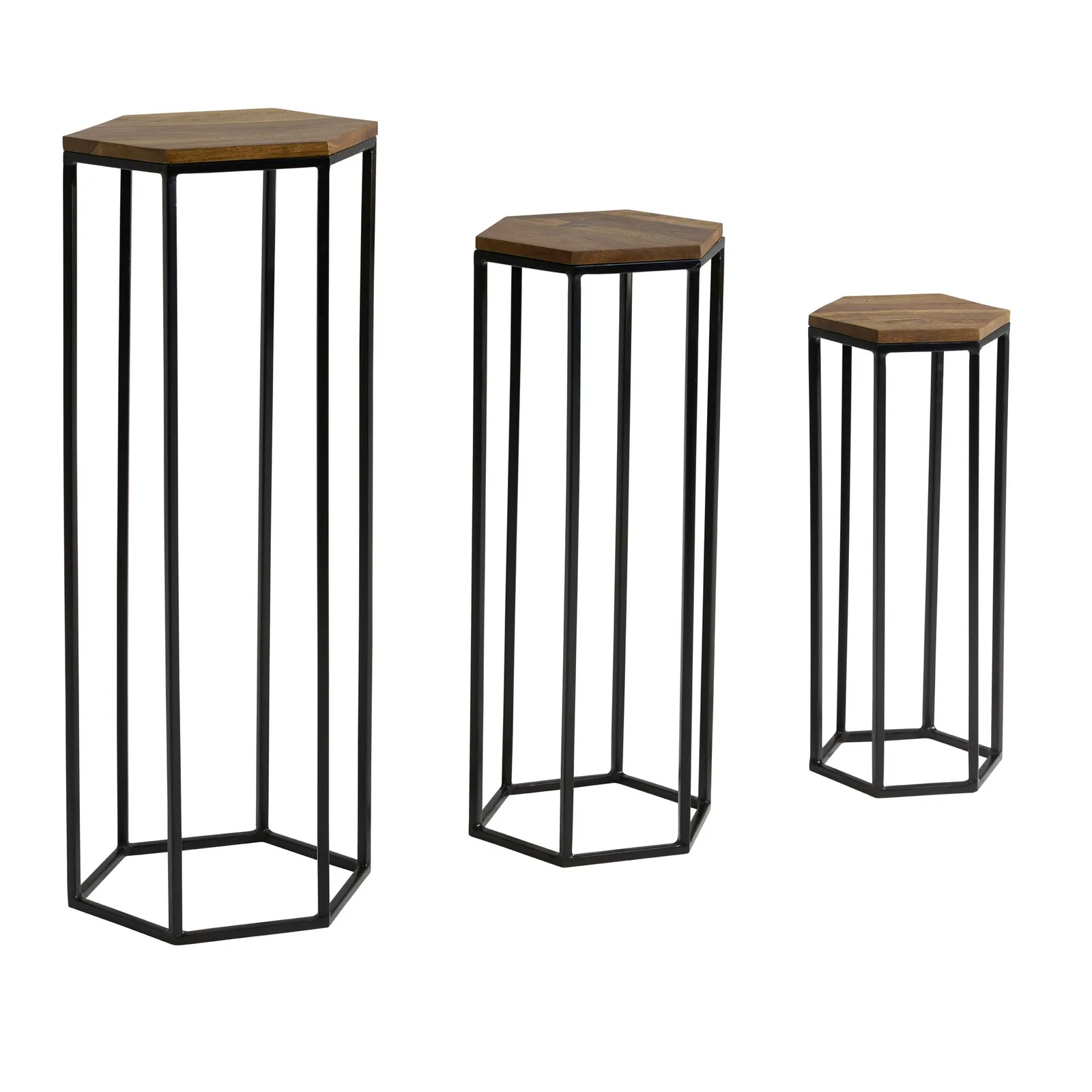 FineBuy Beistelltisch 3er Set Massivholz / Metall Satztisch Sechseckig, Säulentisch Pflanzentisch 3-teilig, Blumenständer Blumentisch Wohnzimmer, Pflanzenhocker Blumenhocker