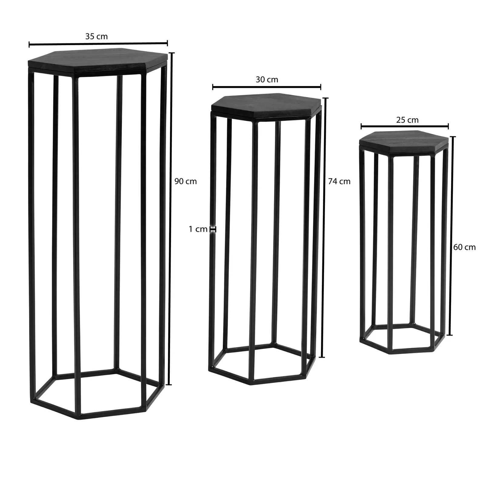 FineBuy Beistelltisch 3er Set Massivholz / Metall Satztisch Sechseckig, Säulentisch Pflanzentisch 3-teilig, Blumenständer Blumentisch Wohnzimmer, Pflanzenhocker Blumenhocker