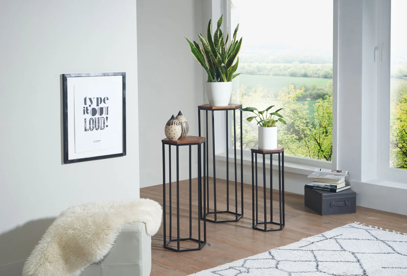 FineBuy Beistelltisch 3er Set Massivholz / Metall Satztisch Sechseckig, Säulentisch Pflanzentisch 3-teilig, Blumenständer Blumentisch Wohnzimmer, Pflanzenhocker Blumenhocker