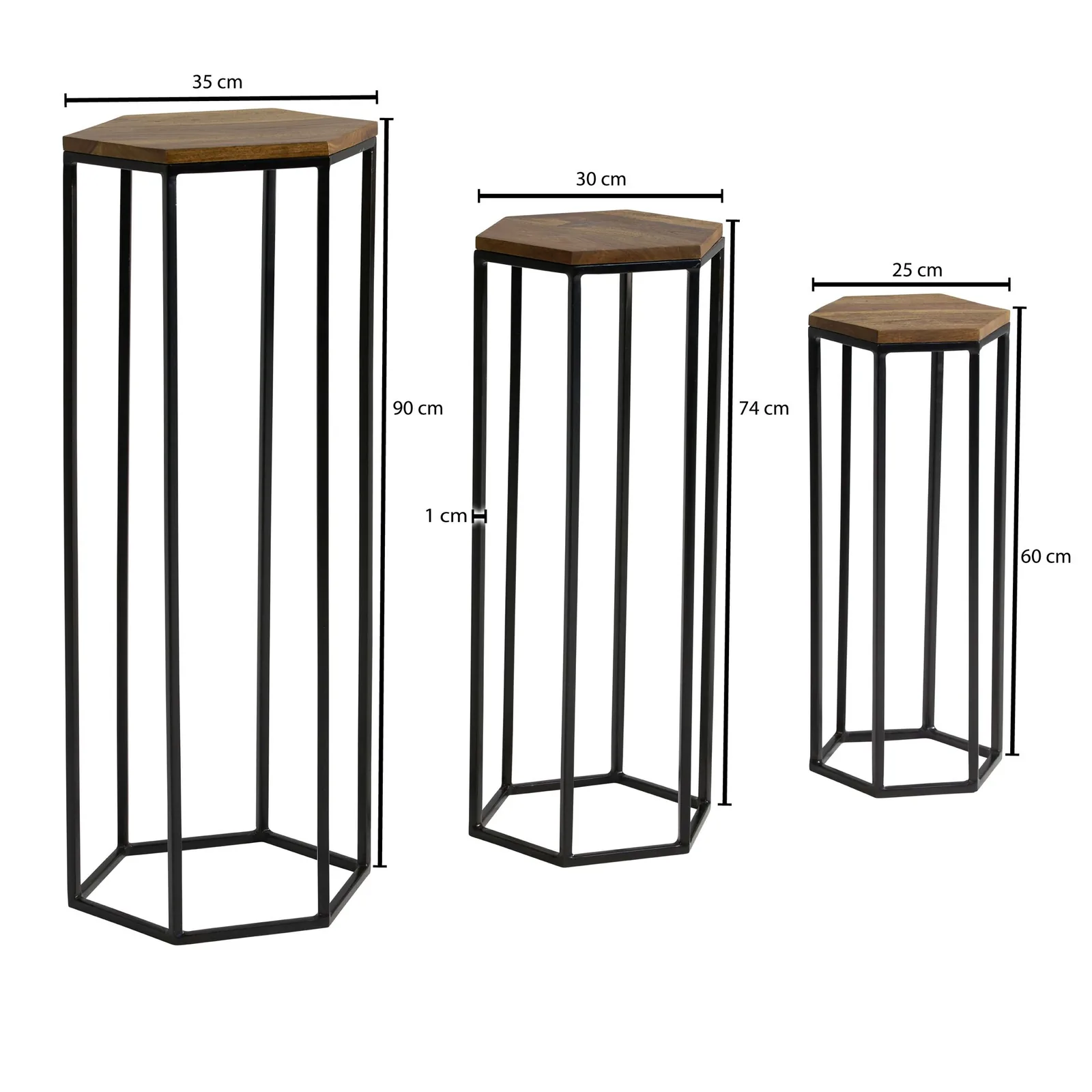 FineBuy Beistelltisch 3er Set Massivholz / Metall Satztisch Sechseckig, Säulentisch Pflanzentisch 3-teilig, Blumenständer Blumentisch Wohnzimmer, Pflanzenhocker Blumenhocker