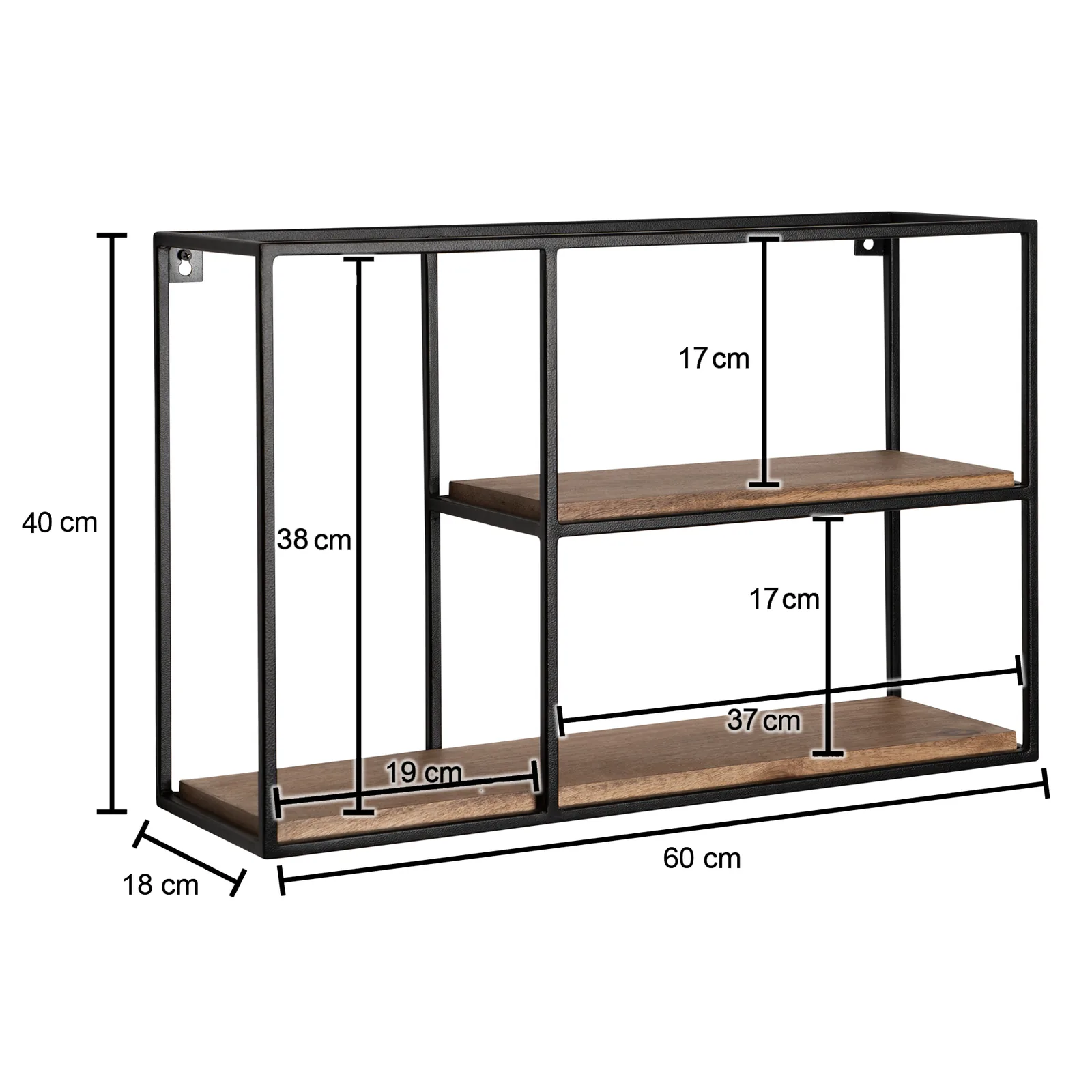 FineBuy Wandregal 60x40x18 cm Mango Massivholz / Metall Hängeregal Rechteckig, Kleines Design Schweberegal Industrial, Regal Hängend Wohnzimmer, Bücherregal Wand