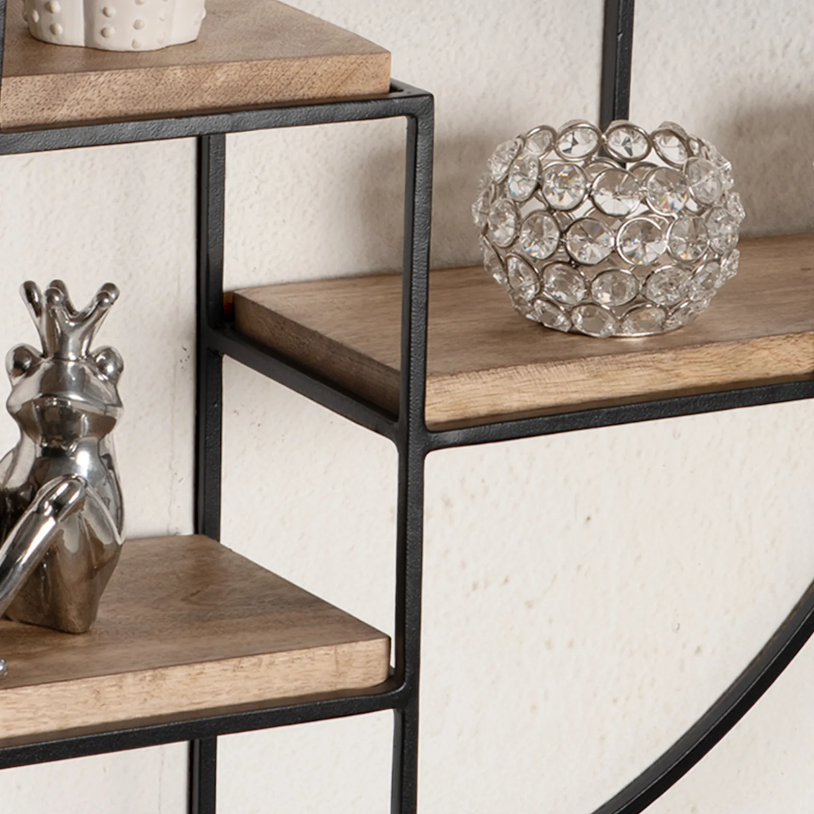 FineBuy Wandregal 70x70x18 cm Mango Massivholz / Metall Hängeregal Rund, Kleines Design Schweberegal Industrial, Regal Hängend Wohnzimmer, Bücherregal Wand