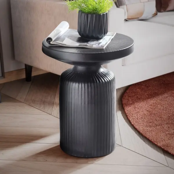 FineBuy Orientalischer Beistelltisch 40 cm rund Metall Schwarz mit Lamellen-Optik - Design Aluminium Wohnzimmertisch - Dekotisch - Kleiner Couchtisch