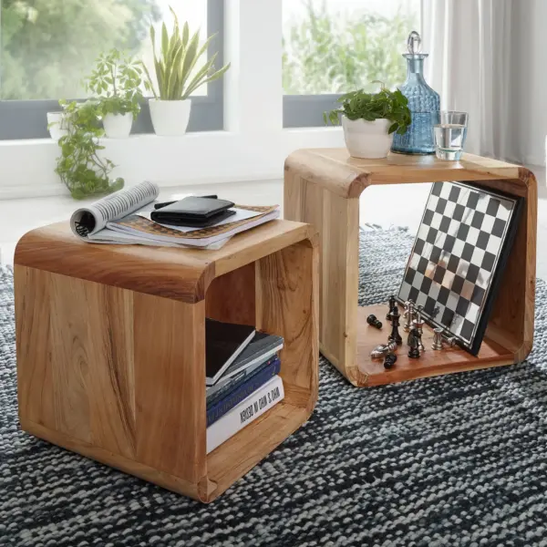 FineBuy 2er Set Satztisch Massivholz Design Couchtisch Akazie 2 Tische, Würfelregal-Set Braun, Wohnzimmertisch Massiv, Beistelltische Holz Landhaus Stil, Holztisch Wohnzimmer |