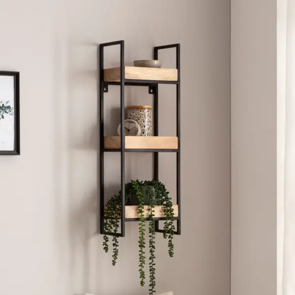 FineBuy Wandregal 27x77x18 cm Mango Massivholz / Metall Hängeregal Industrial, Design Schweberegal Rechteckig, Regal Hängend Wohnzimmer, Tablettregal Wand mit 3 Ablagen & Metallrahmen