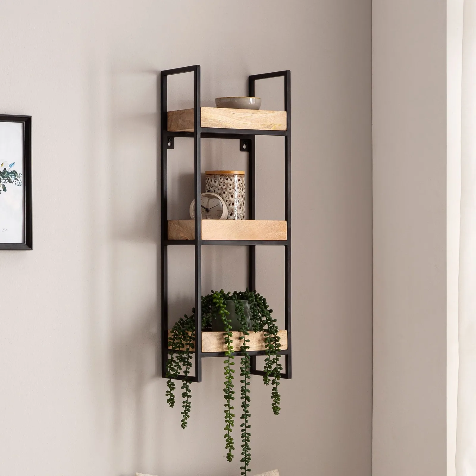 FineBuy Wandregal 27x77x18 cm Mango Massivholz / Metall Hängeregal Industrial, Design Schweberegal Rechteckig, Regal Hängend Wohnzimmer, Tablettregal Wand mit 3 Ablagen & Metallrahmen